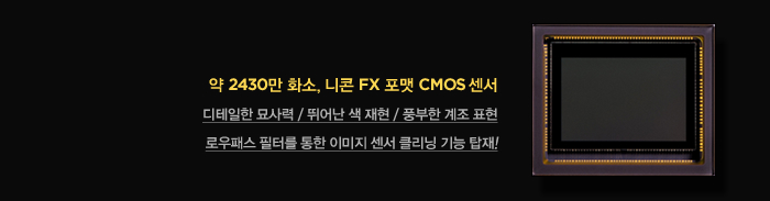 약 2430만 화소, 니콘 FX 포맷 CMOS 센서 : 디테일한 묘사력 / 뛰어난 색 재현 / 풍부한 계조 표현 로우패스 필터를 통한 이미지 센서 클리닝 기능 탑재!