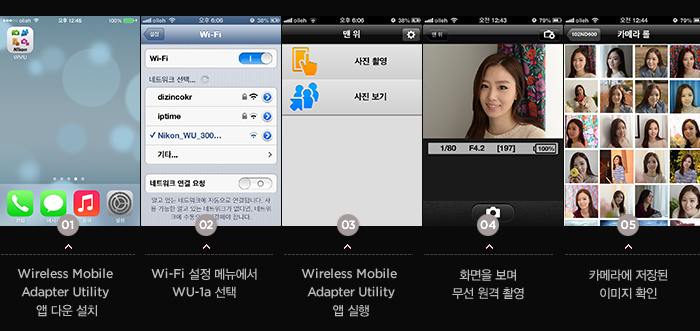 1)Wireless Mobile Adapter Utility 앱 다운 설치 2)D5300 카메라 메뉴에서 Wi-Fi 기능 설정 3)Wireless Mobile Adapter Utility 앱 실행 4)스마트폰 화면을 확인하며 무선 원격 촬영 5)카메라에 저장된 이미지 확인 및 무선 전송