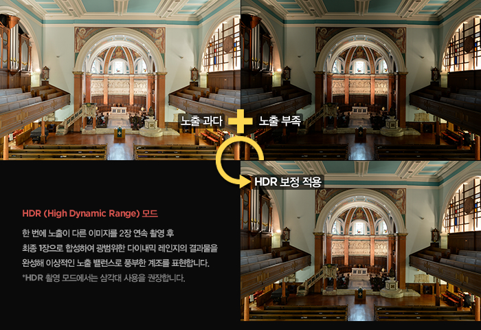  HDR (High Dynamic Range) 모드 : 한 번에 노출이 다른 이미지를 2장 연속 촬영 후 최종 1장으로 합성하여 광범위한 다이내믹 레인지의 결과물을 완성해 이상적인 노출 밸런스로 풍부한 계조를 표현합니다. *HDR 촬영 모드에서는 삼각대 사용을 권장합니다.