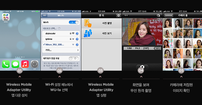 1)Wireless Mobile Adapter Utility 앱 다운 설치 2)D5300 카메라 메뉴에서 Wi-Fi 기능 설정 3)Wireless Mobile Adapter Utility 앱 실행 4)스마트폰 화면을 확인하며 무선 원격 촬영 5)카메라에 저장된 이미지 확인 및 무선 전송