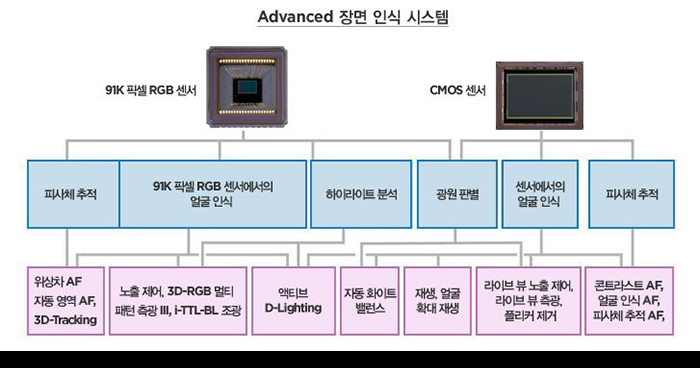 Advanced 장면 인식 시스템, 91K 픽셀 RGB 센서와 CMOS센서를 통해 피사체추적,91K 픽셀 RGB 센서에서의 얼굴인식,하이라이트분석,광원판별,센서에서의 얼굴인식, 피사체추적을 진행하여 위상차AF/자동영역 AF/3D-Tracking, 노출제어/3D-RGB 멀티패턴측광3/iTTL-BL조광, 액티브 D-Lighting,자동화이트밸런스, 재생얼굴확대재생, 라이브 뷰 노출 제어/라이브 뷰 측광/플리커 제거, 콘트라스트AF/얼굴인식AF/피사체추적AF 기능을 실현합니다.