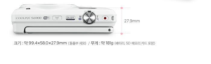 크기 : 약 99.4×58.0×27.9mm (돌출부 제외）/ 무게 : 약 181g (배터리, SD 메모리 카드 포함)