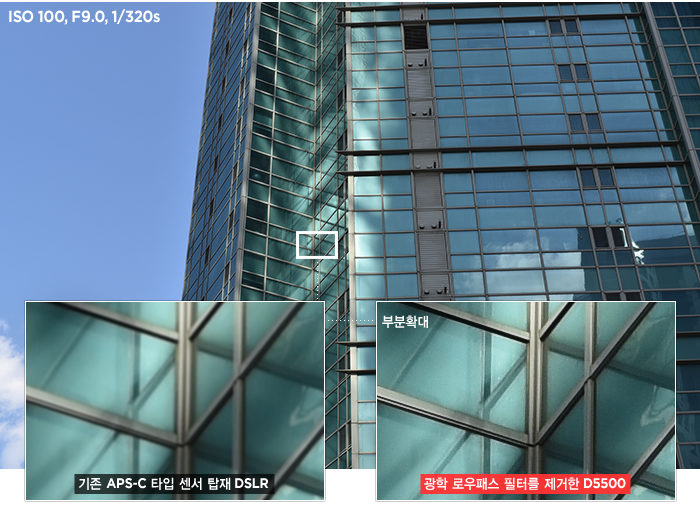 기존 APS-C 타입 센서 탑재 DSLR과 광학 로우패스 필터를 제거한 D5500의 부분확대 이미지 비교(시뮬레이션 이미지)