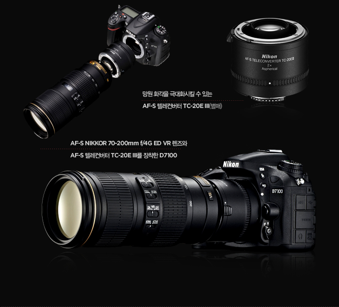 망원 화각을 극대화시킬 수 있는 af-s 텔레컨버트 tc-20e ⅲ(별매). af-s nikkor 70-200mm f/4g ed vr 렌즈와 af-s 텔레컨버터 tc-20e ⅲ를 장착한 d7100